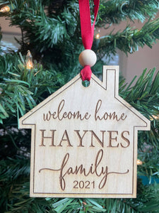 New Home Ornament - Welcome Home - Customizable - Wooden Family Name Ornament