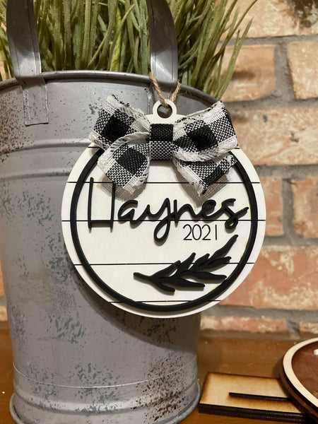 Monogram Sign and Ornament Set - Farmhouse Shiplap Buffalo Plaid - Customizable Monogram