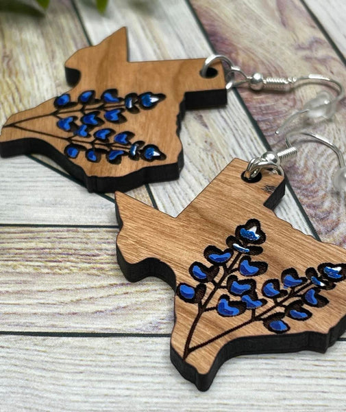 Texas Bluebonnet Earrings - Cherry dangle earrings - Hand Painted