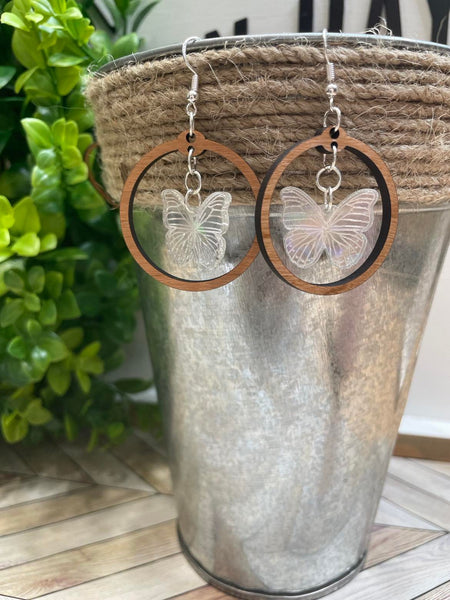 Butterfly Hoop Dangle Earrings - Cherry Wood - Holographic Acrylic Butterfly