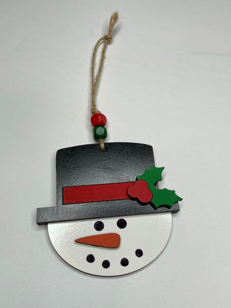 Snowman Ornament - Red or Green - Wooden Ornament