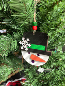 Snowman Ornament - Red or Green - Wooden Ornament