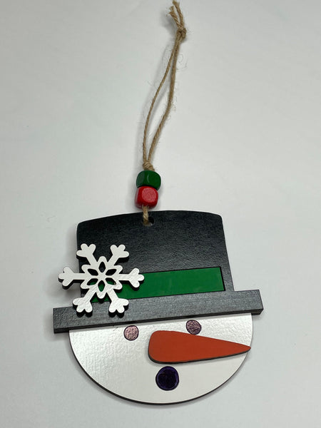 Snowman Ornament - Red or Green - Wooden Ornament