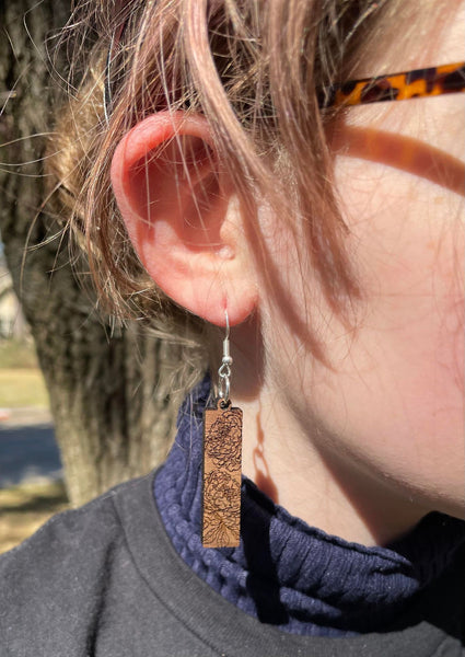 Bar shaped Peony Earrings - Walnut dangle earrings