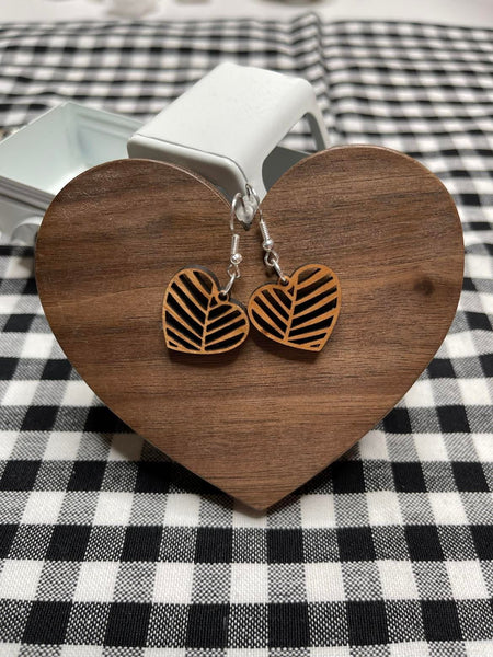 Wooden Leaf Heart Earrings - Cherry Wood Dangle Earrings