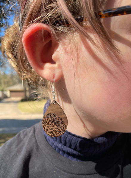 Teardrop shaped Peony Earrings - Walnut dangle earrings