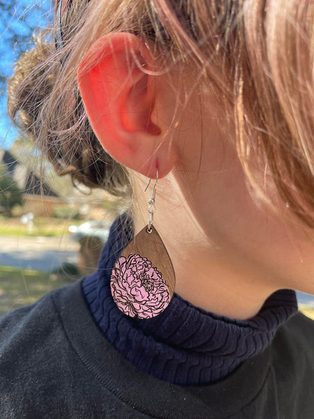 Teardrop shaped Peony Earrings - Walnut dangle earrings