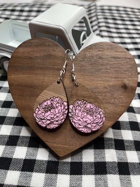 Teardrop shaped Peony Earrings - Walnut dangle earrings