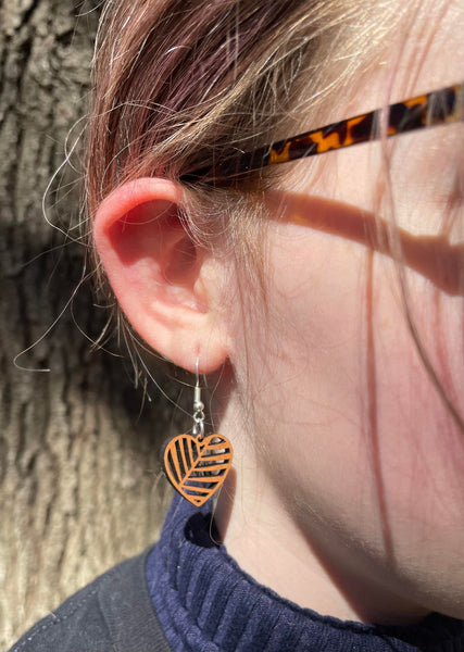 Wooden Leaf Heart Earrings - Cherry Wood Dangle Earrings