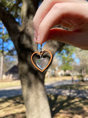 Heart Dangle Earrings - Cherry Wood - Holographic Acrylic Heart