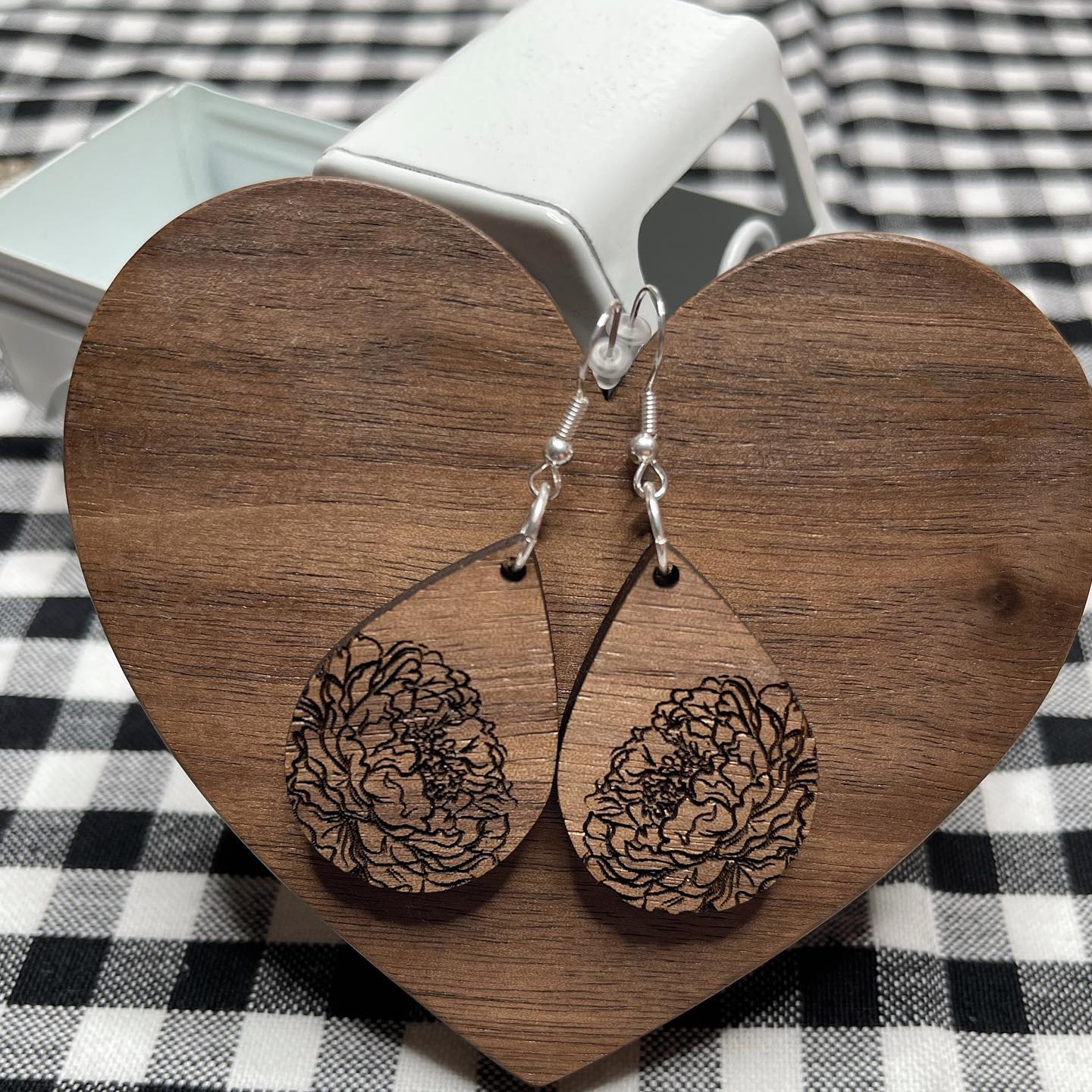 Teardrop shaped Peony Earrings - Walnut dangle earrings