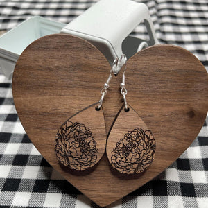 Teardrop shaped Peony Earrings - Walnut dangle earrings