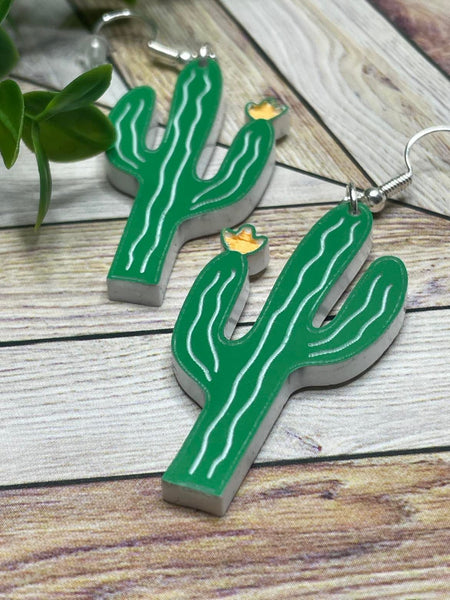 Saguaro Cactus Earrings - Dual Color Acrylic dangle earrings - Hand Painted