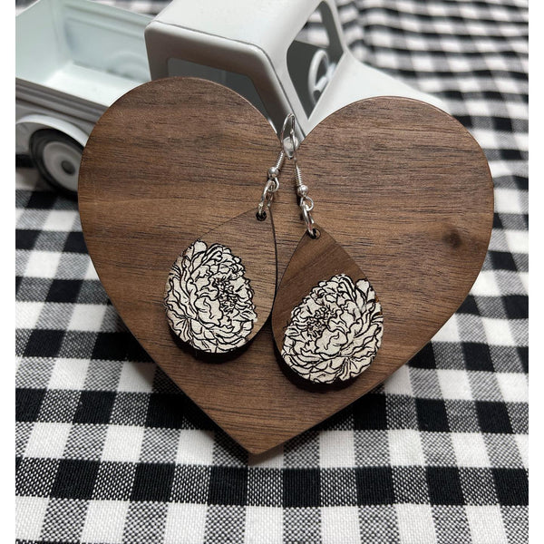 Teardrop shaped Peony Earrings - Walnut dangle earrings