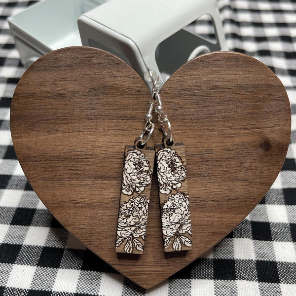 Bar shaped Peony Earrings - Walnut dangle earrings