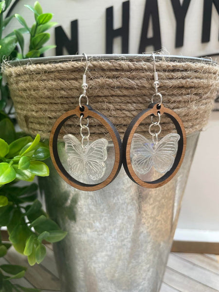 Butterfly Hoop Dangle Earrings - Cherry Wood - Holographic Acrylic Butterfly