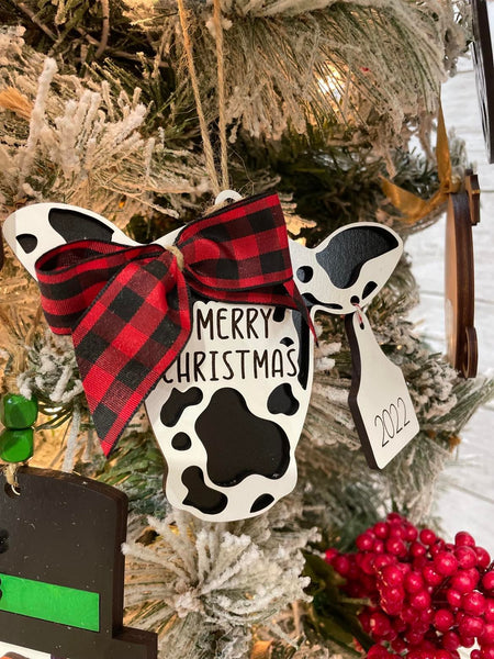 Christmas Cow Ornament - Merry Christmas 2022 - Wooden Cow Ornament